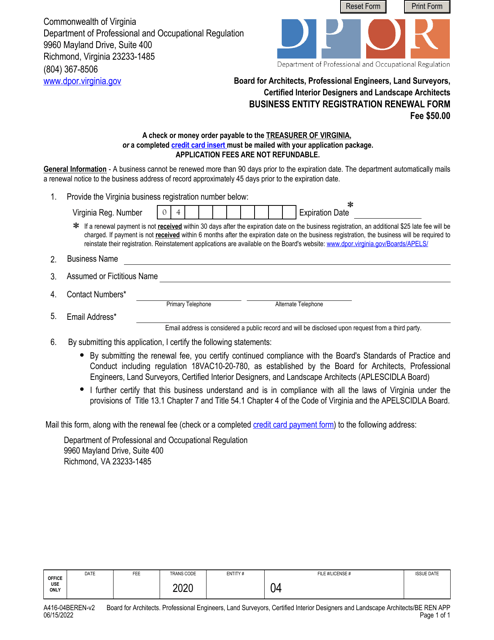 Form A416-04BEREN Business Entity Registration Renewal Form - Virginia