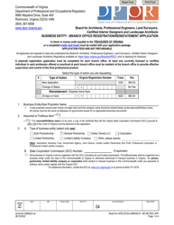 Document preview: Form A416-0411BRREG Business Entity - Branch Office Registration/Reinstatement Application - Virginia