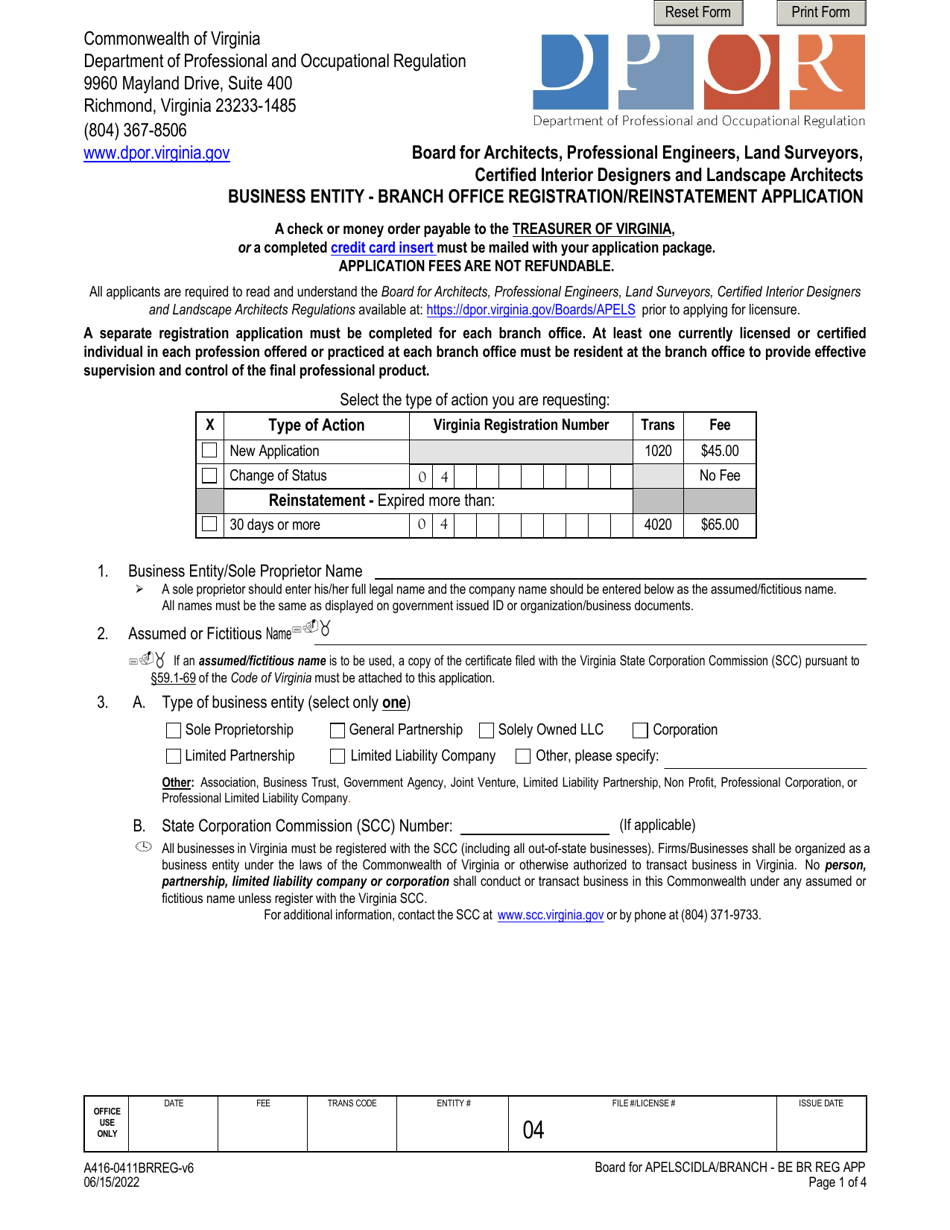Form A416-0411BRREG Business Entity - Branch Office Registration / Reinstatement Application - Virginia, Page 1