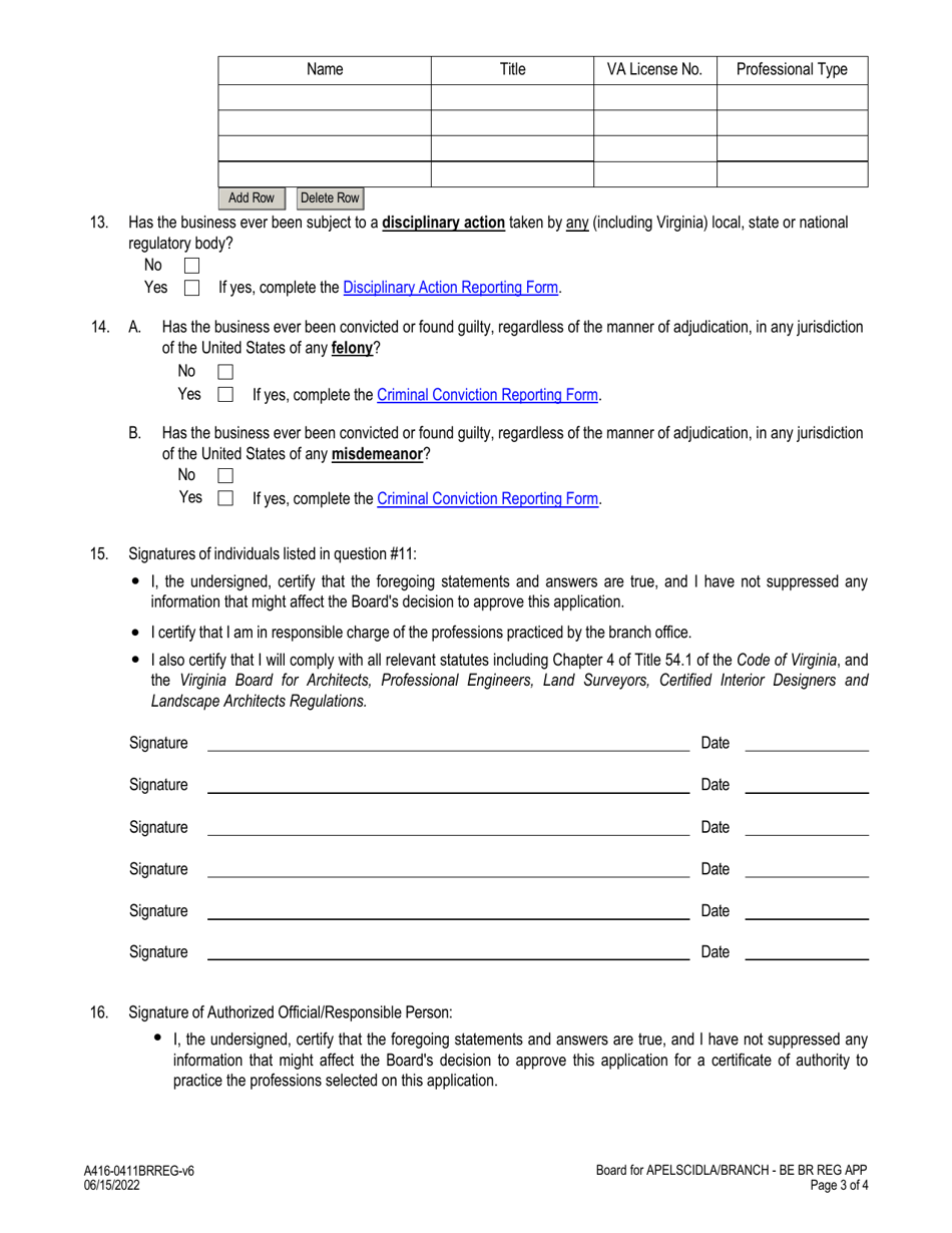 Form A416-0411BRREG Business Entity - Branch Office Registration / Reinstatement Application - Virginia, Page 3
