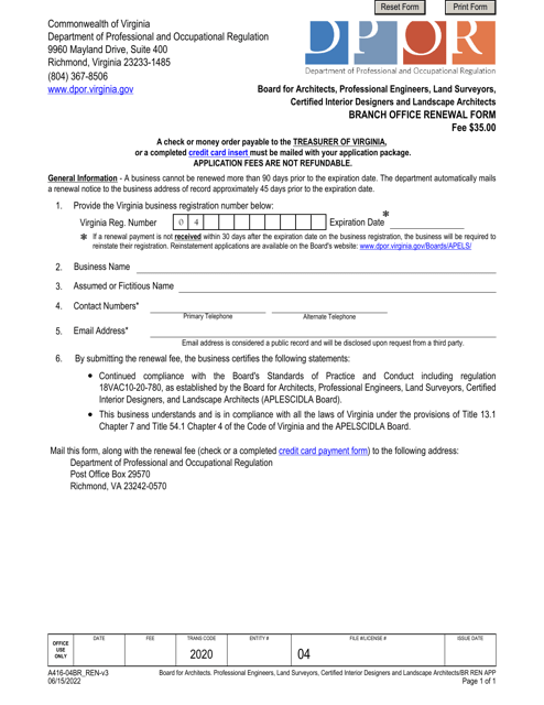 Form A416-04BR_REN Branch Office Renewal Form - Certified Interior Designers and Landscape Architects - Virginia