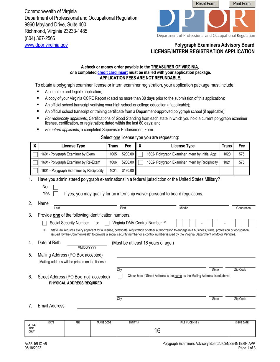 Form A456-16LIC License / Intern Registration Application - Polygraph Examiners Advisory Board - Virginia, Page 1