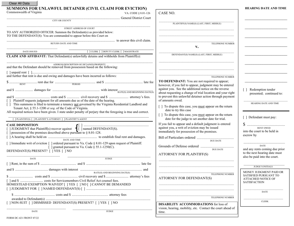 Form DC-421 Summons for Unlawful Detainer (Civil Claim for Eviction) - Virginia, Page 1
