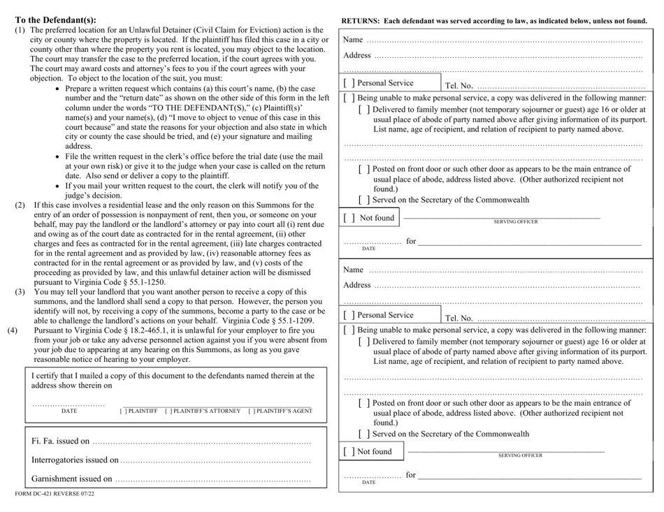 Form DC-421 Summons for Unlawful Detainer (Civil Claim for Eviction) - Virginia, Page 2