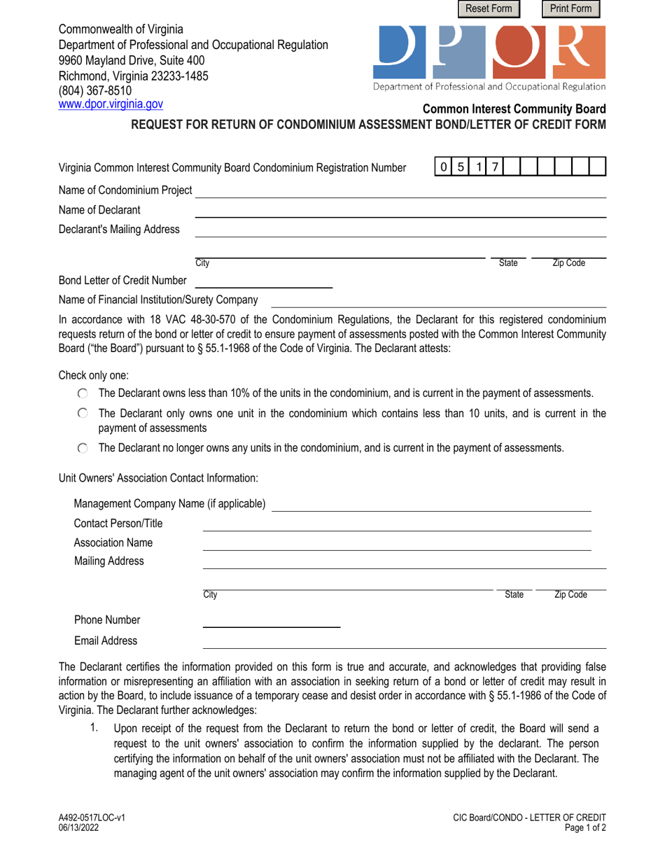 Form A492-0517LOC Request for Return of Condominium Assessment Bond / Letter of Credit Form - Virginia, Page 1