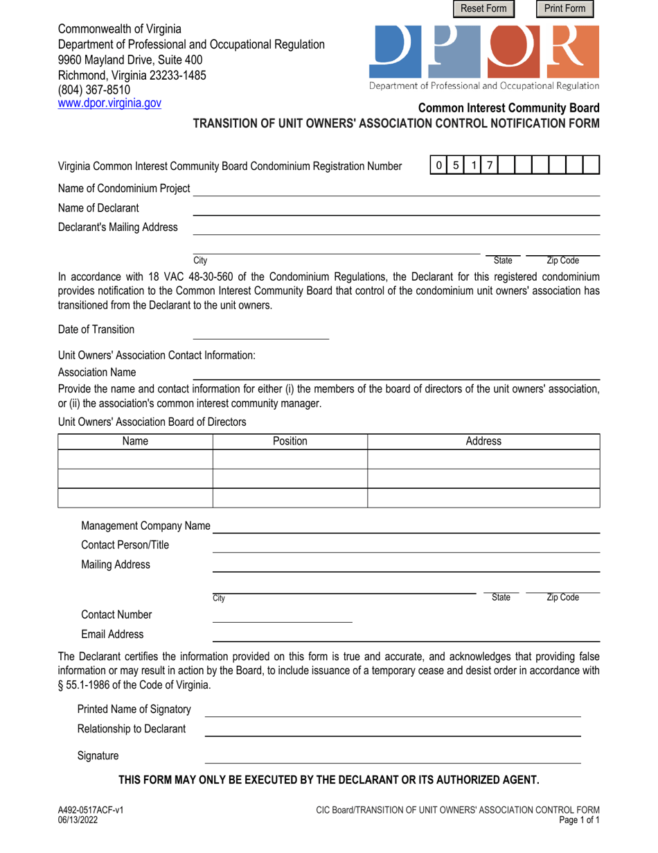 Form A492-0517ACF Transition of Unit Owners Association Control Notification Form - Virginia, Page 1