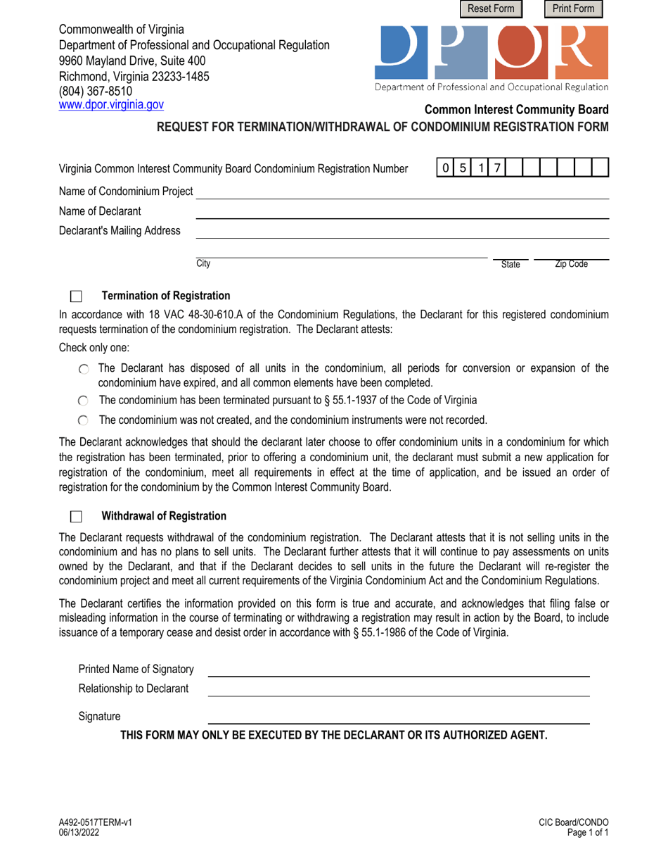 Form A492-0517TERM Request for Termination / Withdrawal of Condominium Registration Form - Virginia, Page 1