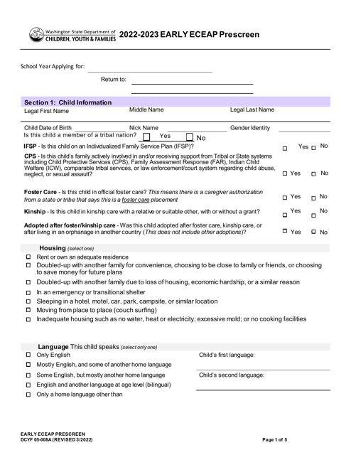 DCYF Form 05-008A Early Eceap Prescreen - Washington, 2023