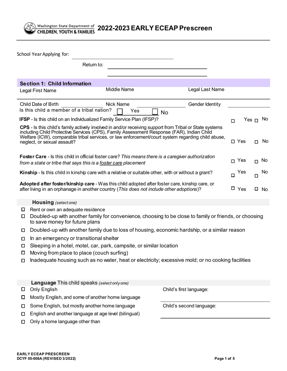 DCYF Form 05-008A Early Eceap Prescreen - Washington, Page 1