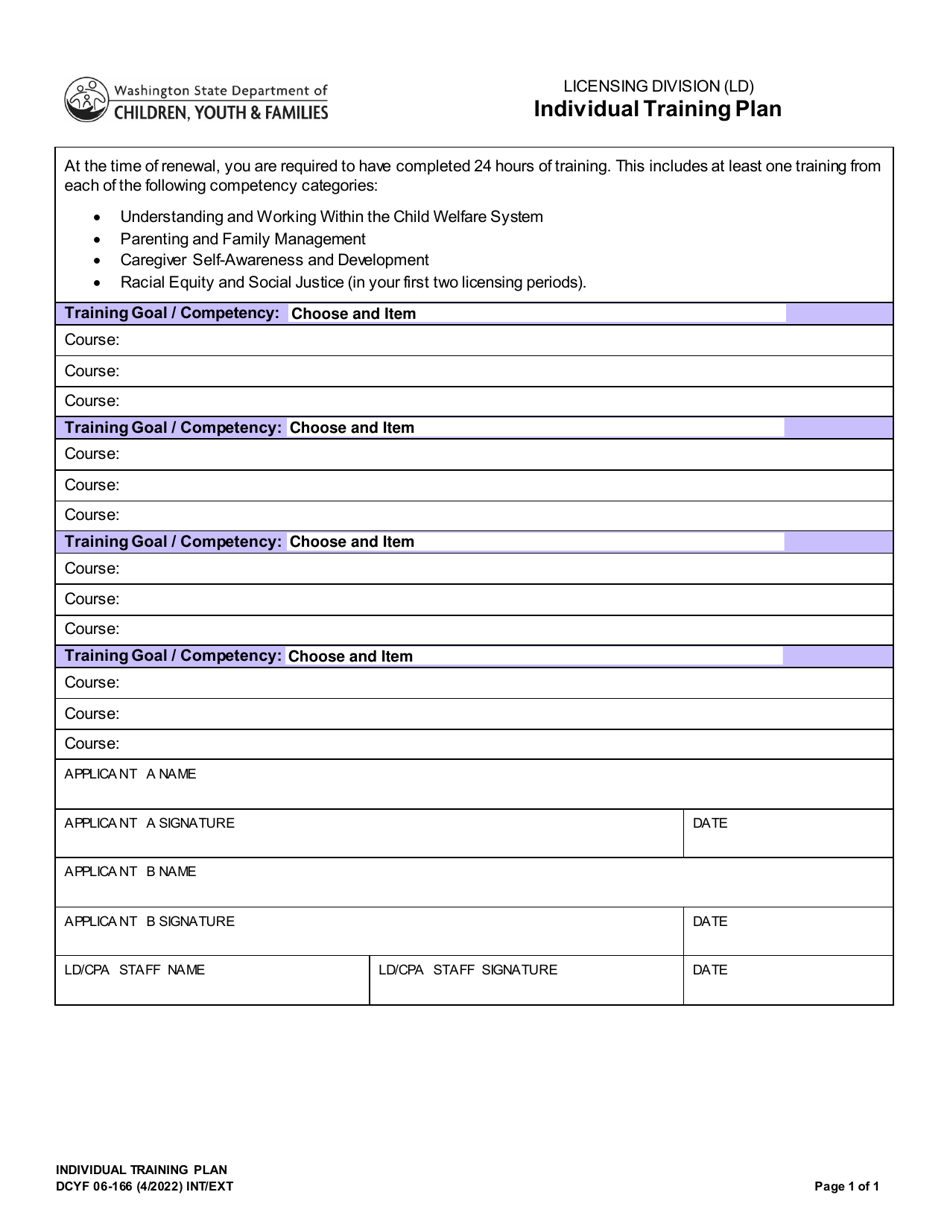 DCYF Form 06-166 Individual Training Plan - Washington, Page 1