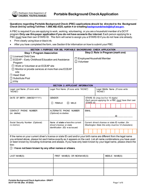 DCYF Form 09-165 Portable Background Check Application - Washington