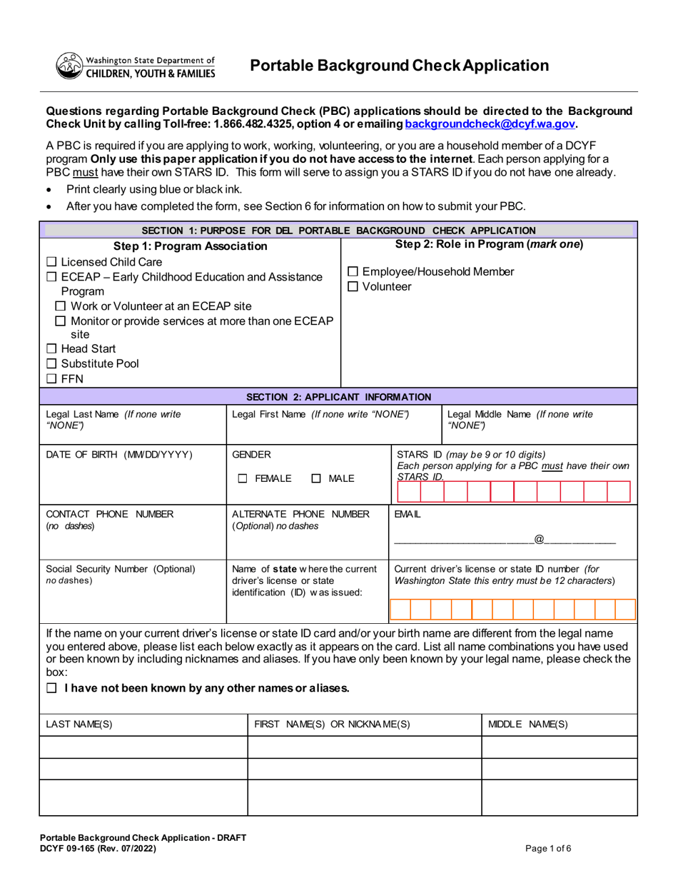 DCYF Form 09-165 Portable Background Check Application - Washington, Page 1