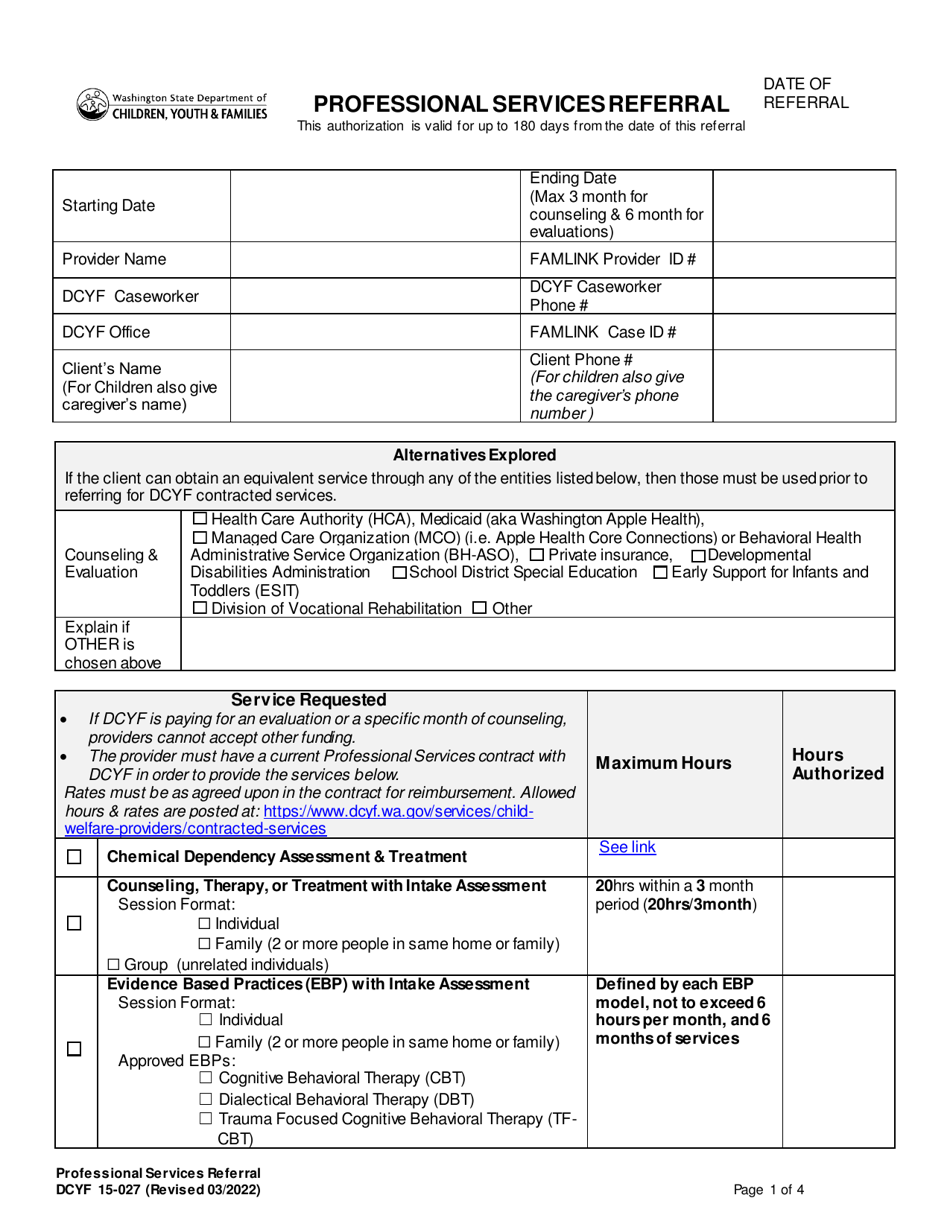 DCYF Form 15-027 Professional Services Referral - Washington, Page 1