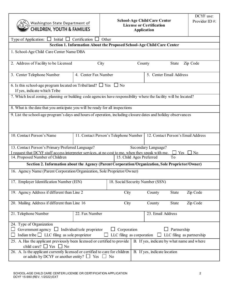 DCYF Form 15-980 School-Age Child Care Center License or Certification Application - Washington, Page 2