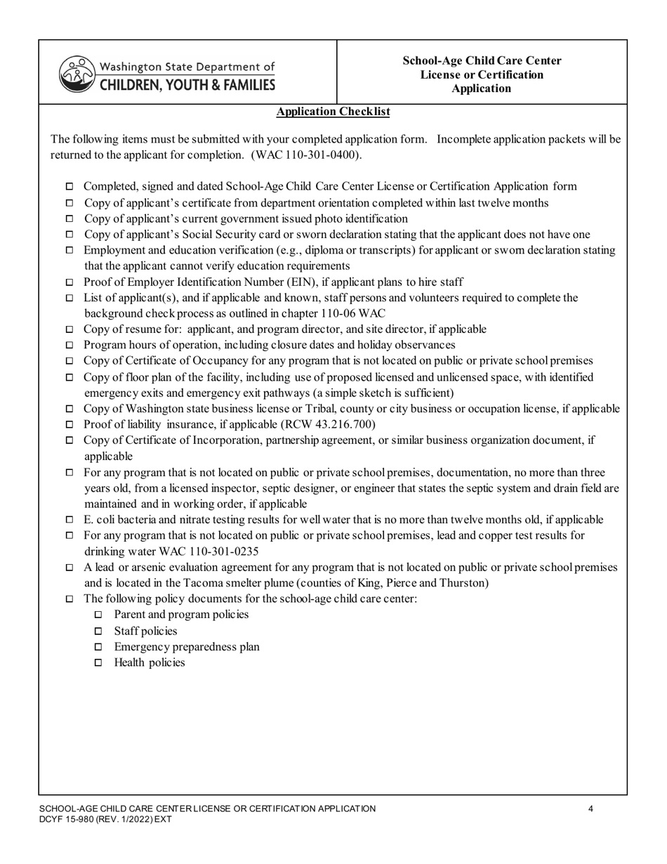 DCYF Form 15-980 School-Age Child Care Center License or Certification Application - Washington, Page 4