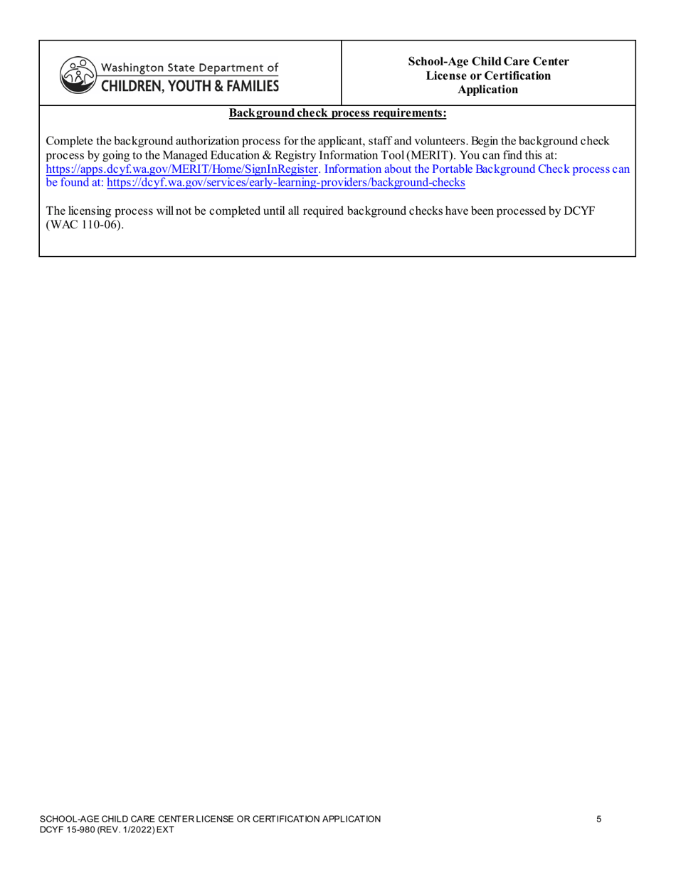 DCYF Form 15-980 School-Age Child Care Center License or Certification Application - Washington, Page 5