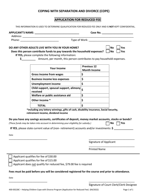Form 400-00228C Application for Reduced Fee - Helping Children Cope With Divorce Program - Vermont