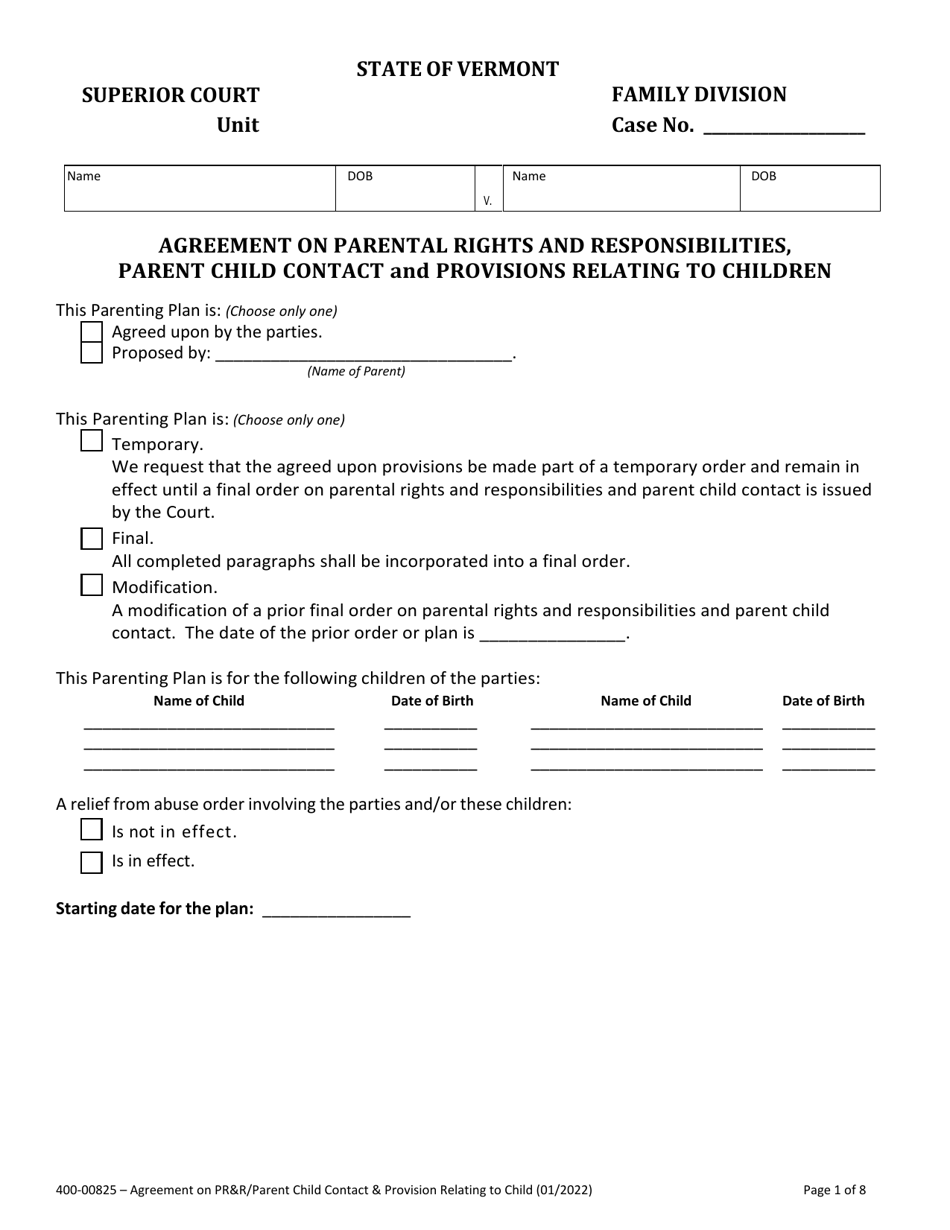 Form 400-00825 Agreement on Parental Rights and Responsibilities, Parent Child Contact and Provisions Relating to Children - Vermont, Page 1
