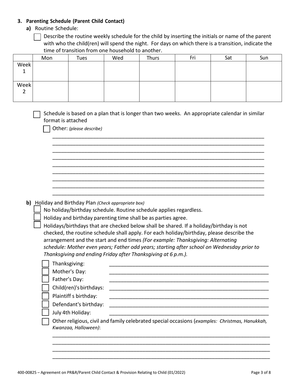 Form 400-00825 Agreement on Parental Rights and Responsibilities, Parent Child Contact and Provisions Relating to Children - Vermont, Page 3
