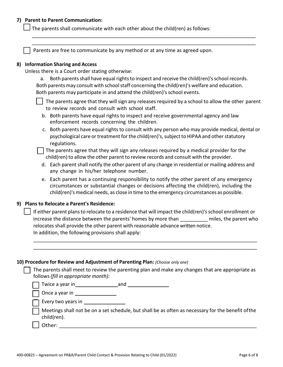 Form 400-00825 Agreement on Parental Rights and Responsibilities, Parent Child Contact and Provisions Relating to Children - Vermont, Page 6