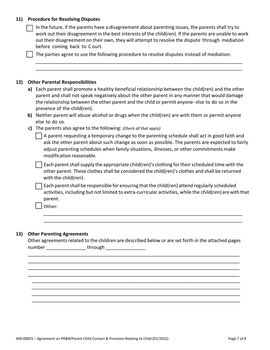 Form 400-00825 Agreement on Parental Rights and Responsibilities, Parent Child Contact and Provisions Relating to Children - Vermont, Page 7
