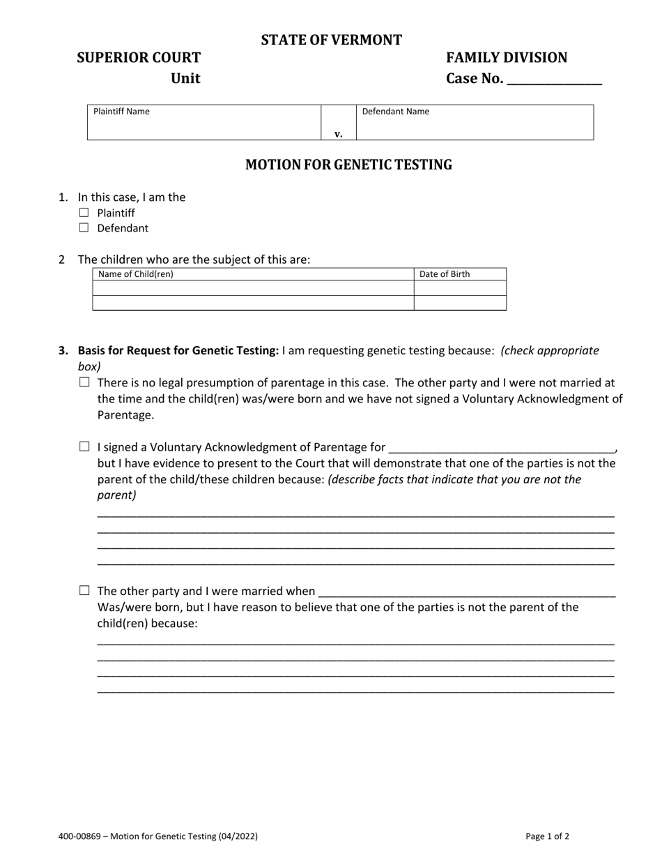 Form 400-00869 Motion for Genetic Testing - Vermont, Page 1
