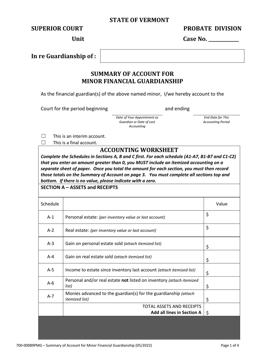 Form 700-00089PMG Summary of Account for Minor Financial Guardianship - Vermont, Page 1