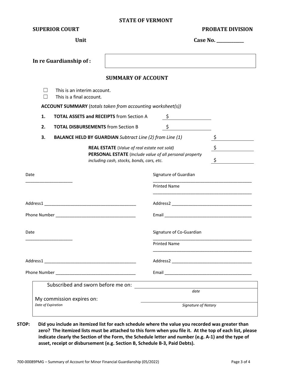 Form 700-00089PMG Summary of Account for Minor Financial Guardianship - Vermont, Page 3