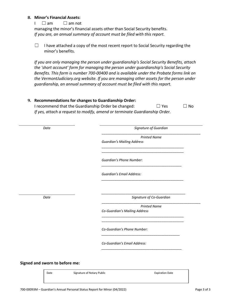 Form 700-00093M Guardians Annual Personal Status Report for Minor - Vermont, Page 3