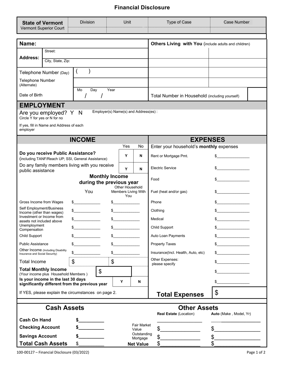 Form 100-00127 Financial Disclosure - Vermont, Page 1