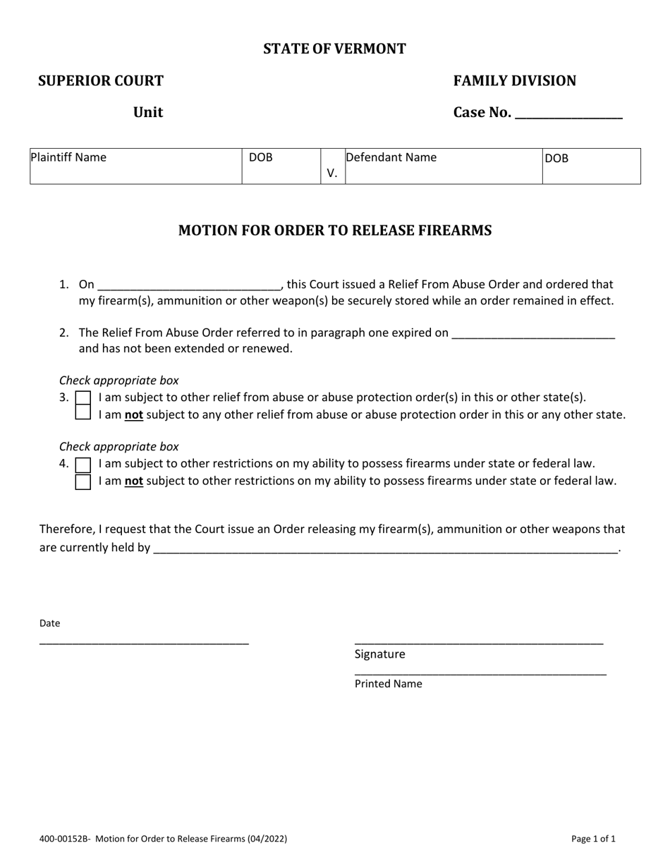 Form 400-00152B Motion for Order to Release Firearms - Vermont, Page 1