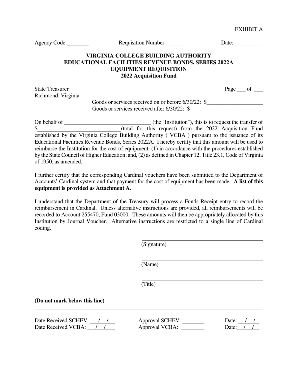 Exhibit A Vcba Educational Facilities Revenue Bonds Requisition Form - Virginia, Page 1