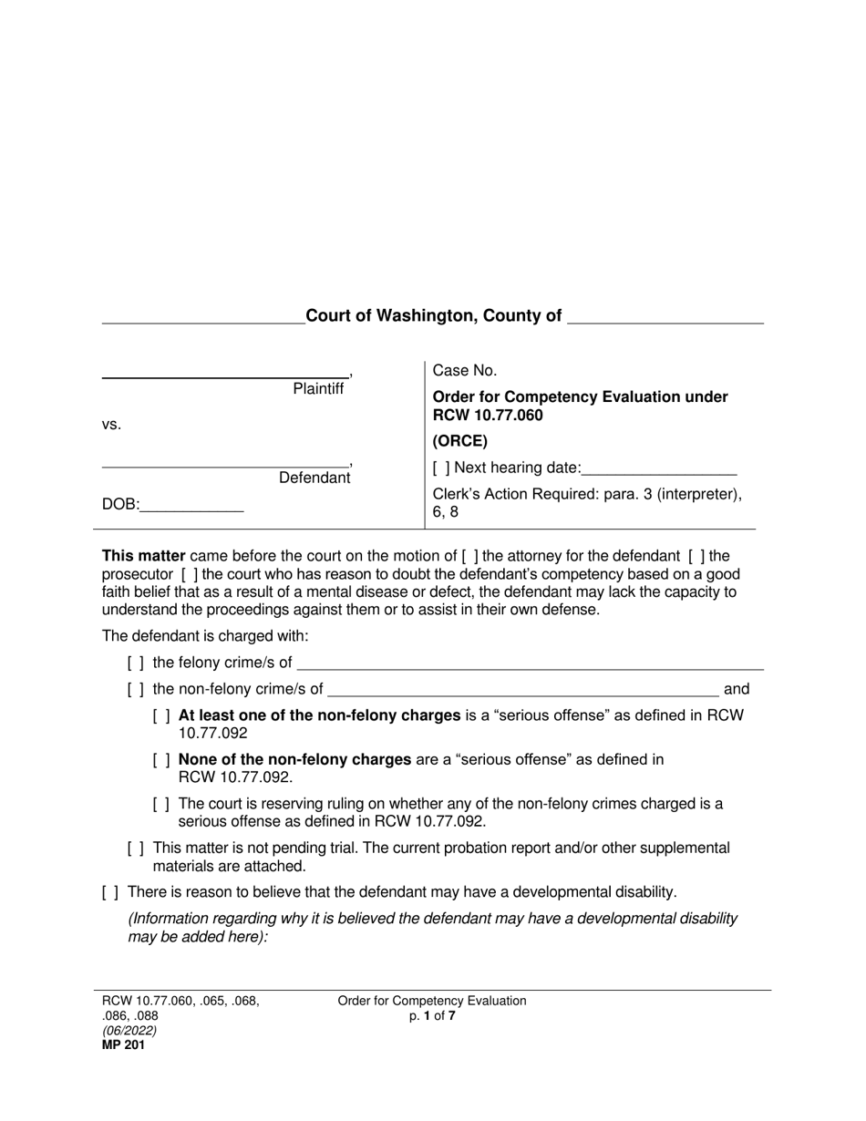 Form MP201 Order for Competency Evaluation Under Rcw 10.77.060 - Washington, Page 1