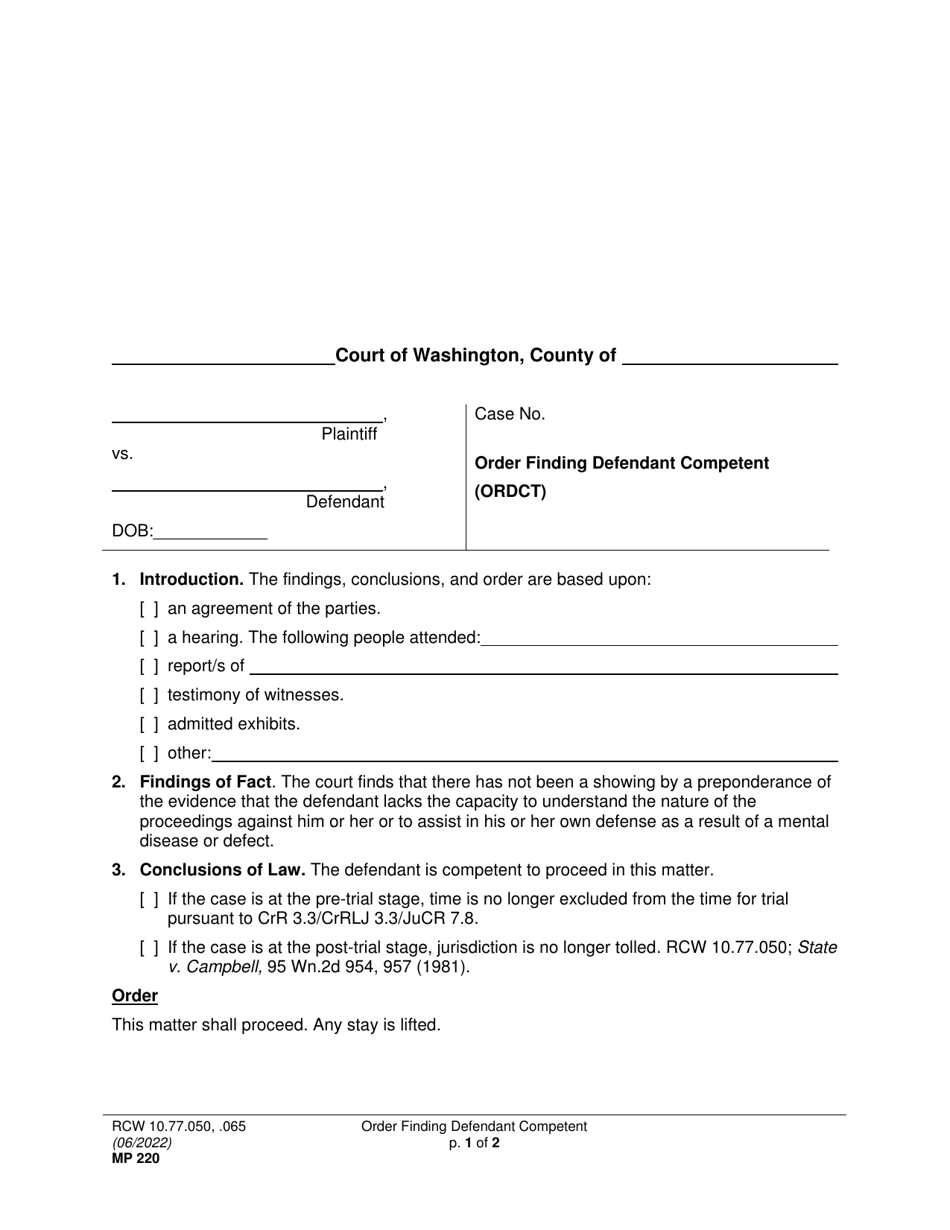 Form MP220 Order Finding Defendant Competent (Ordct) - Washington, Page 1