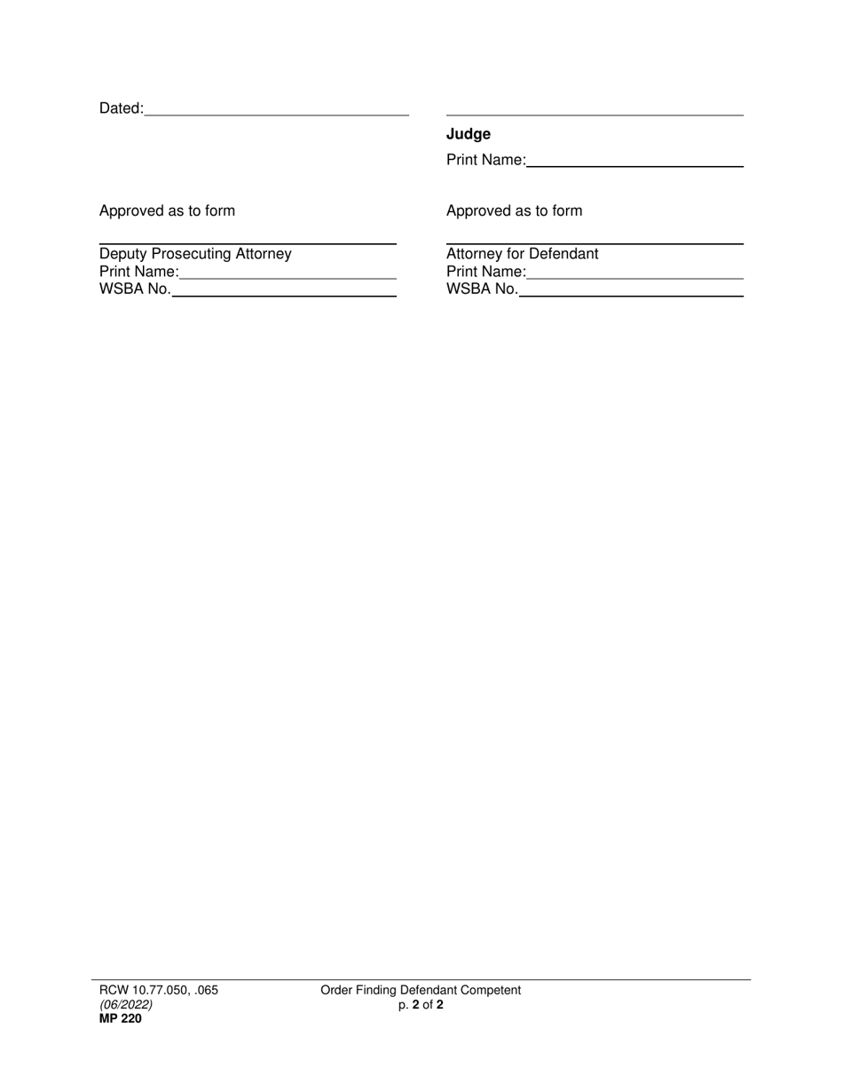 Form MP220 Order Finding Defendant Competent (Ordct) - Washington, Page 2