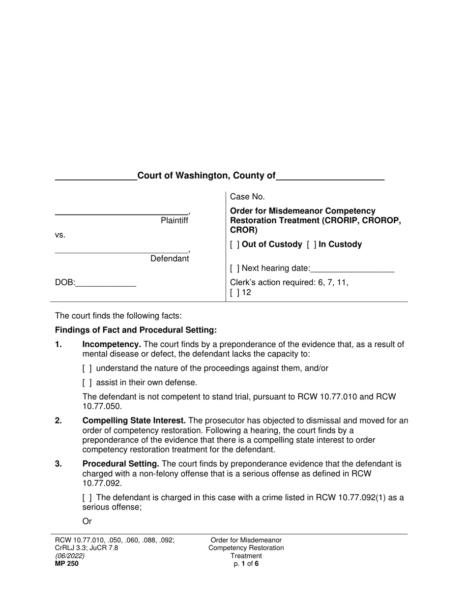 Form MP250 Order for Misdemeanor Competency Restoration Treatment (Crorip, Crorop, Cror) - Washington, Page 1