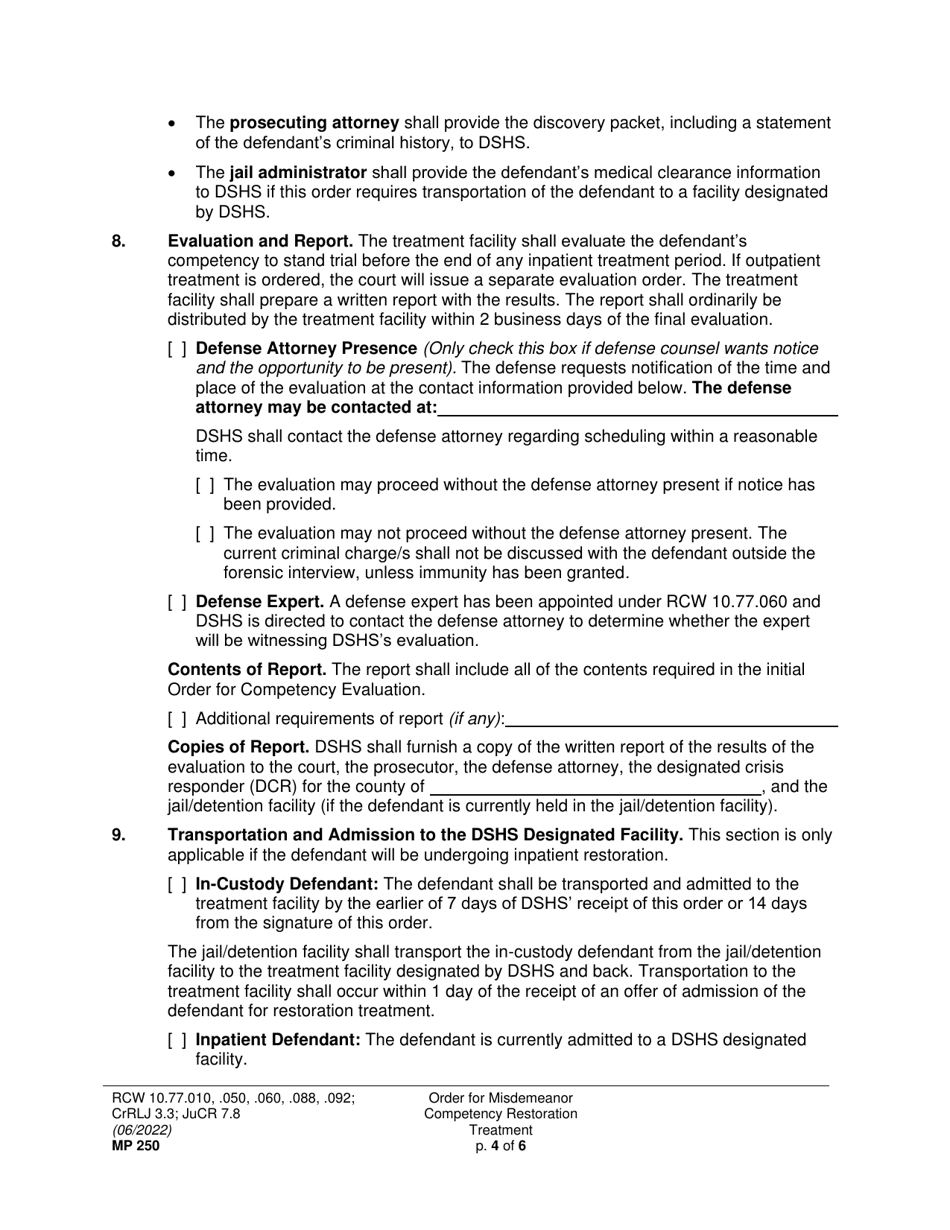 Form MP250 Order for Misdemeanor Competency Restoration Treatment (Crorip, Crorop, Cror) - Washington, Page 4