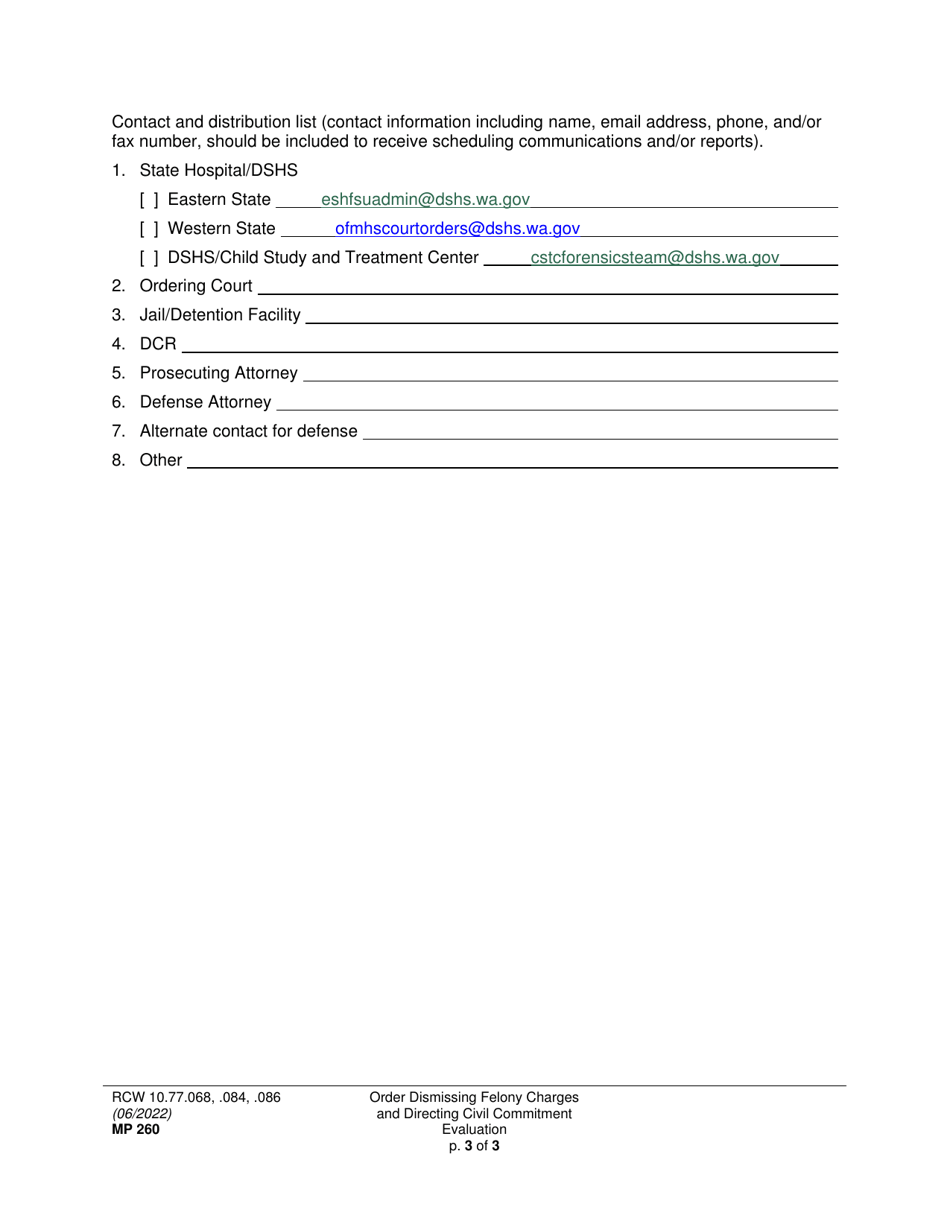 Form MP260 Order Dismissing Felony Charges and Directing Civil Commitment Evaluation - Washington, Page 3