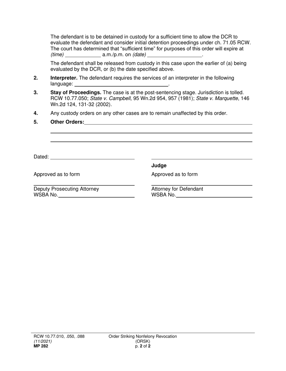 Form MP282 Order Striking Non-felony Post-disposition Revocation Proceedings Due to Defendants Lack of Competency and Immediately Releasing or Detaining Defendant - Washington, Page 2