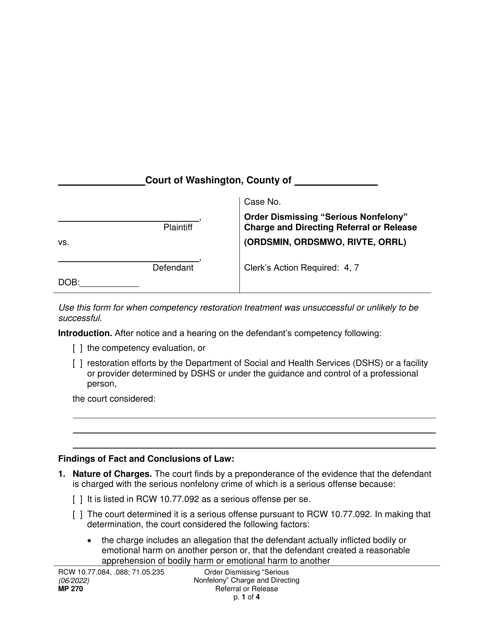 Form MP270 Order Dismissing "serious Nonfelony" Charge and Directing Referral or Release - Washington