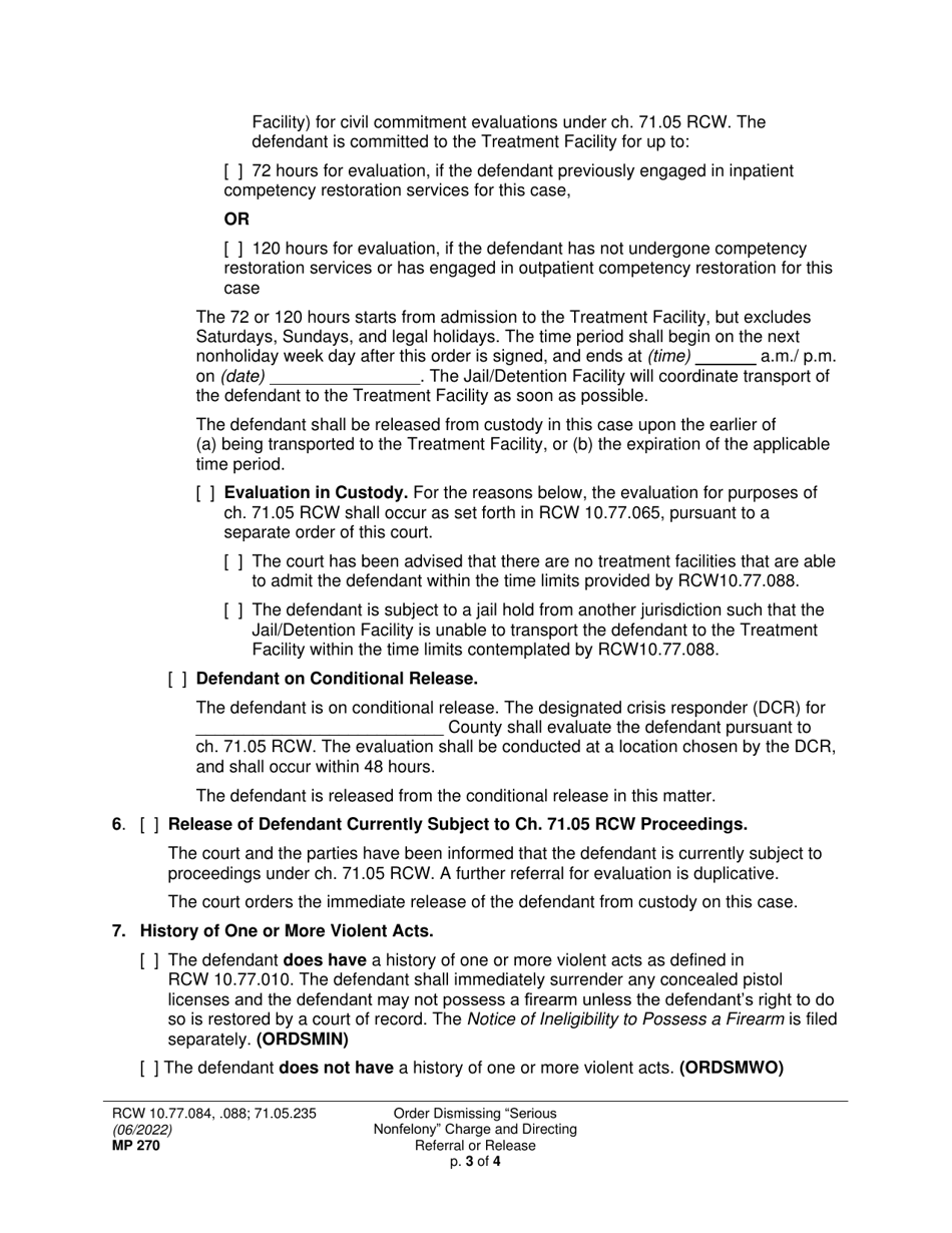 Form MP270 Order Dismissing serious Nonfelony Charge and Directing Referral or Release - Washington, Page 3