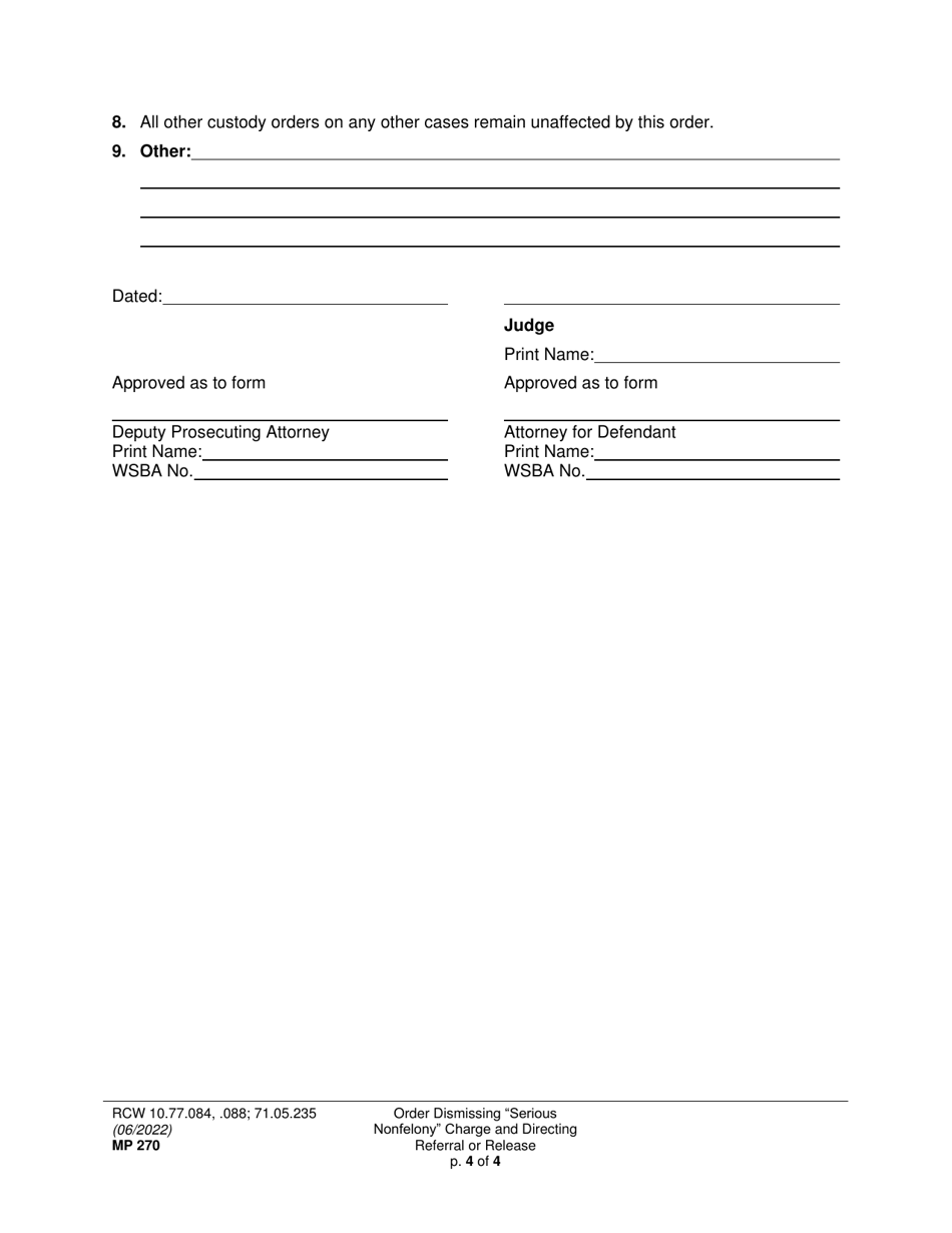 Form MP270 Order Dismissing serious Nonfelony Charge and Directing Referral or Release - Washington, Page 4