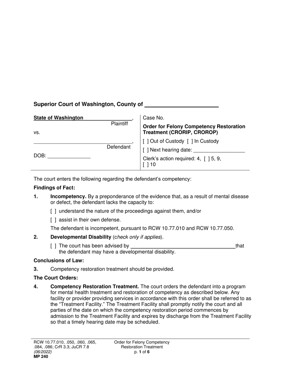 Form MP240 Order for Felony Competency Restoration Treatment (Crorip, Crorop) - Washington, Page 1