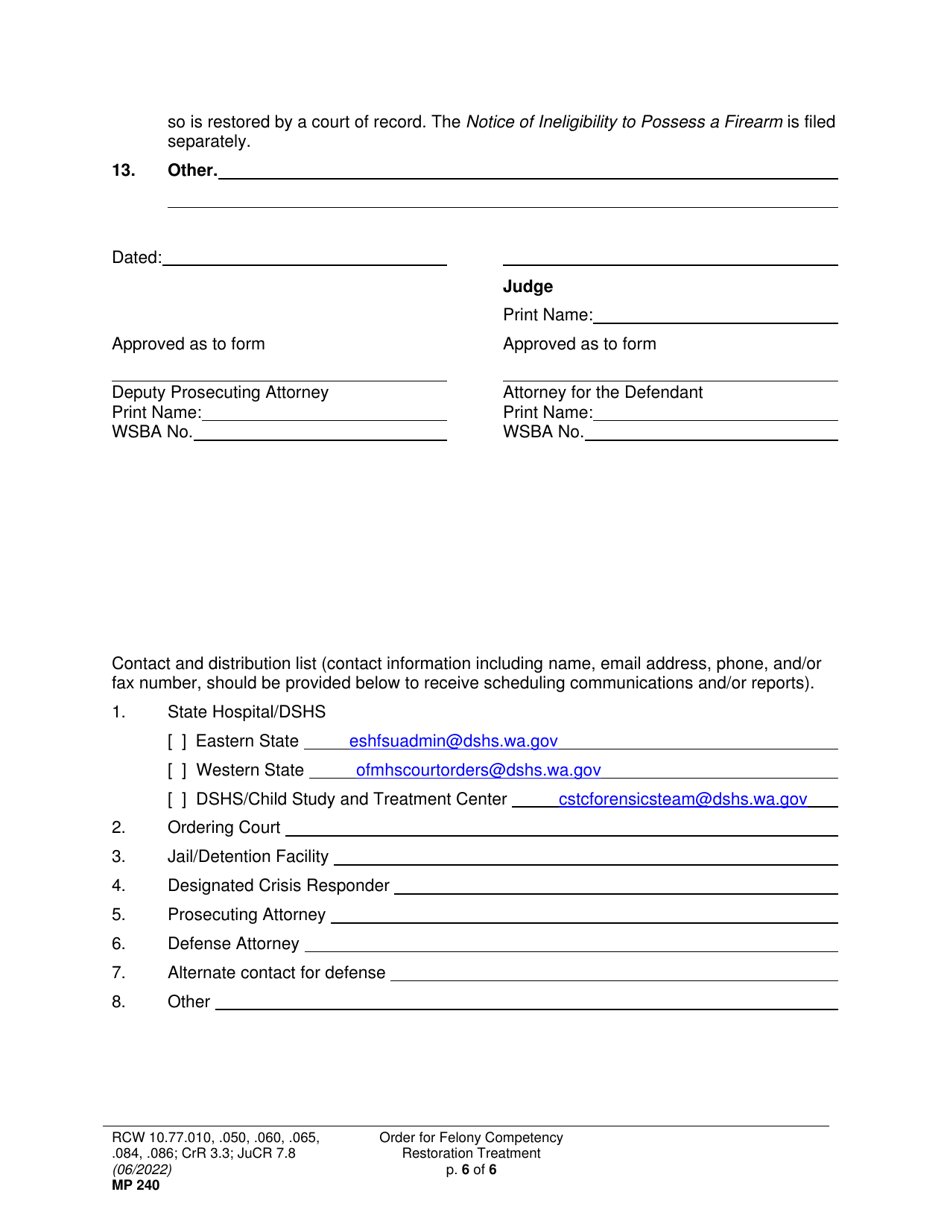 Form MP240 Order for Felony Competency Restoration Treatment (Crorip, Crorop) - Washington, Page 6