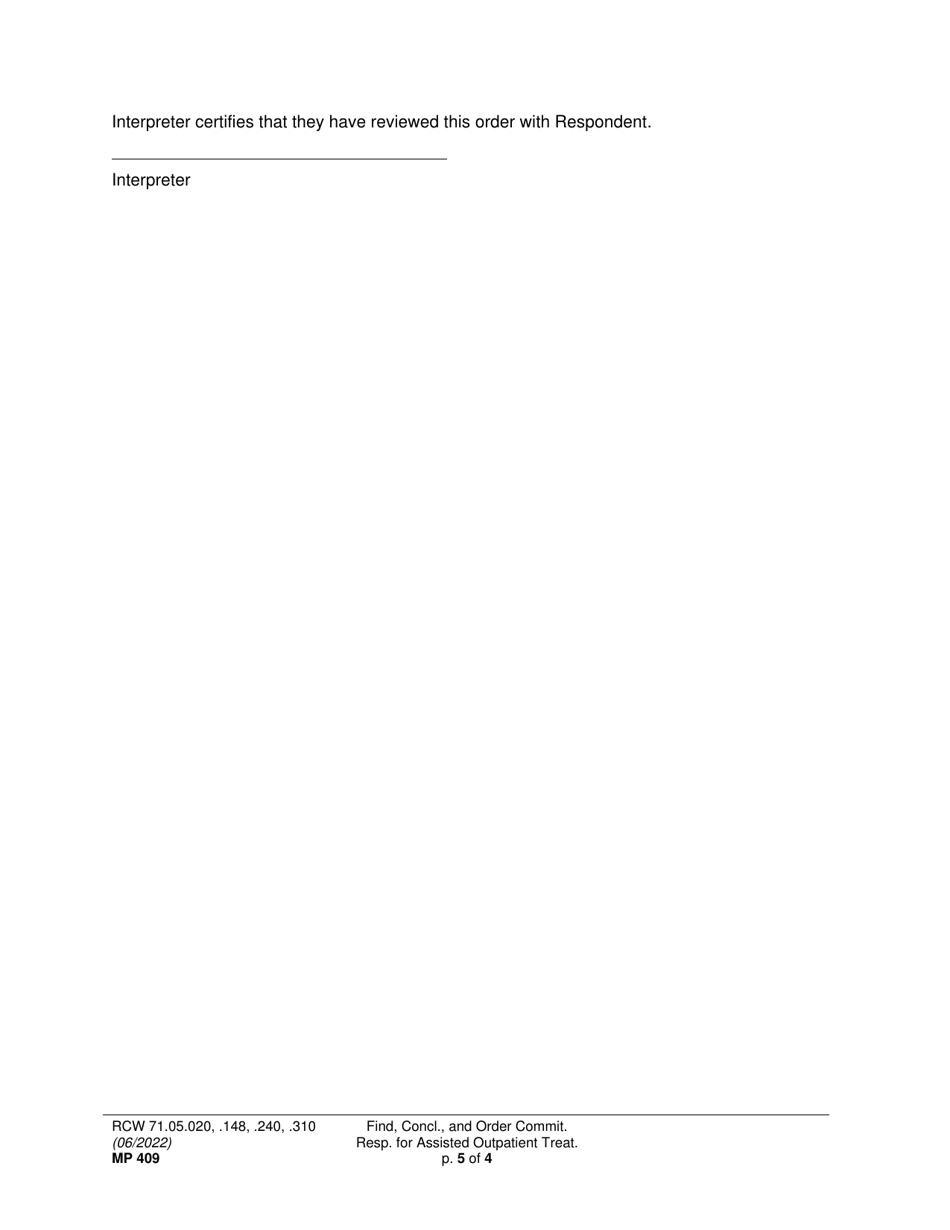 Form MP409 Findings, Conclusions, and Order Committing Respondent for Assisted Outpatient Treatment - Washington, Page 5