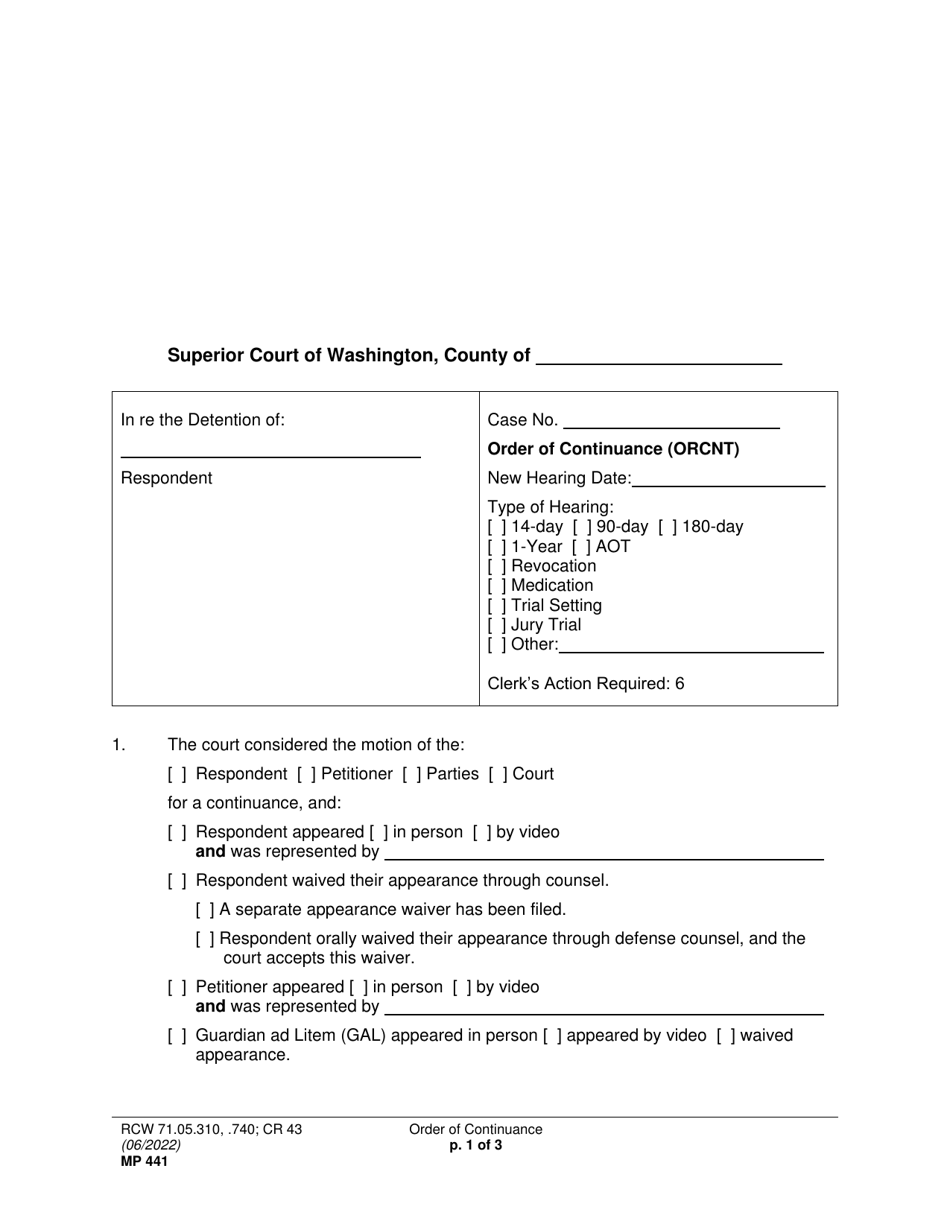 Form MP441 Download Printable PDF or Fill Online Order of Continuance