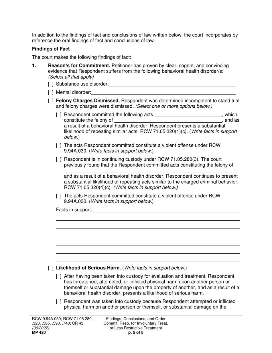 Form MP420 Findings, Conclusions, and Order Committing Respondent for Involuntary Treatment or Less Restrictive Treatment - Washington, Page 2