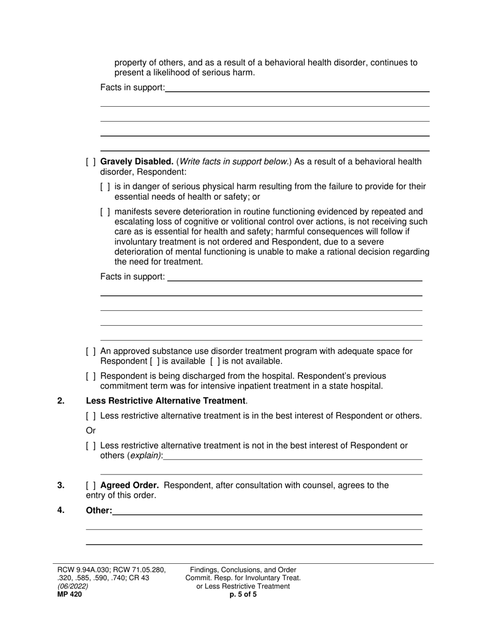Form MP420 Findings, Conclusions, and Order Committing Respondent for Involuntary Treatment or Less Restrictive Treatment - Washington, Page 3