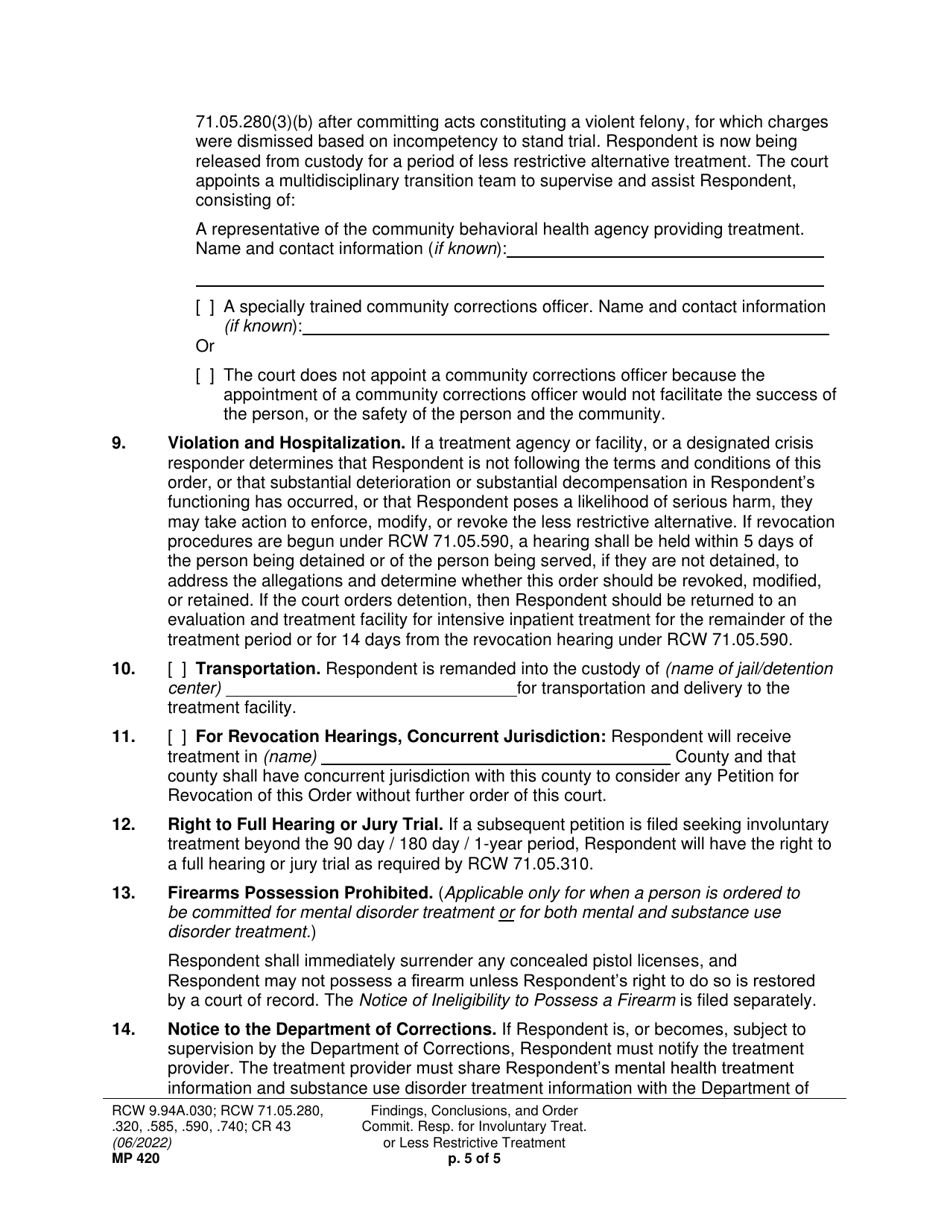 Form MP420 Findings, Conclusions, and Order Committing Respondent for Involuntary Treatment or Less Restrictive Treatment - Washington, Page 5