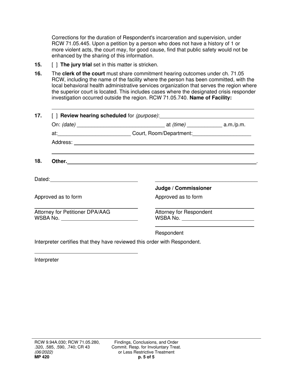 Form MP420 Findings, Conclusions, and Order Committing Respondent for Involuntary Treatment or Less Restrictive Treatment - Washington, Page 6